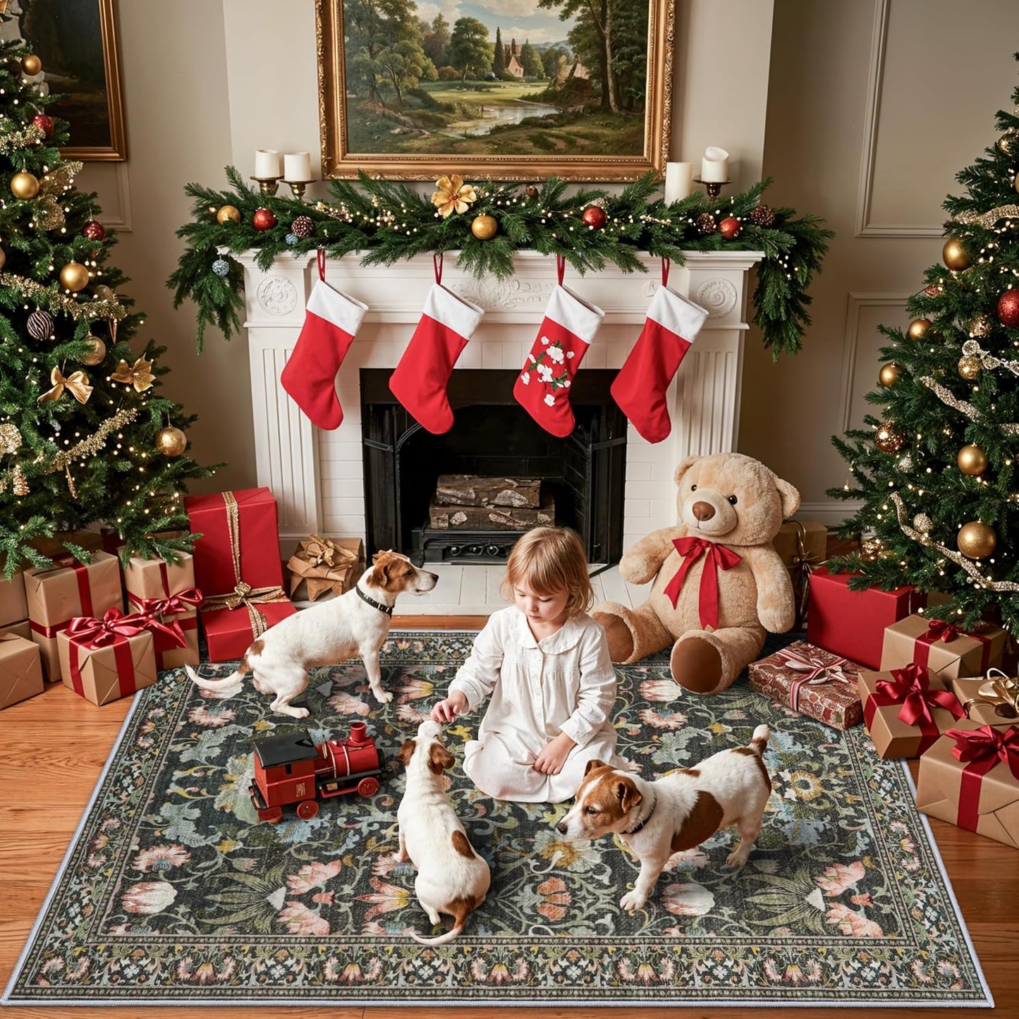 Skiennix Washable 4x6 Bedroom Rug - Non-Slip Floral Carpet for Living Room & Kitchen | Soft Low Pile Doormat in Green