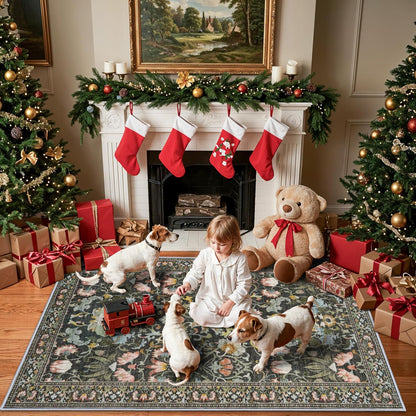 Skiennix Washable 4x6 Bedroom Rug - Non-Slip Floral Carpet for Living Room & Kitchen | Soft Low Pile Doormat in Green