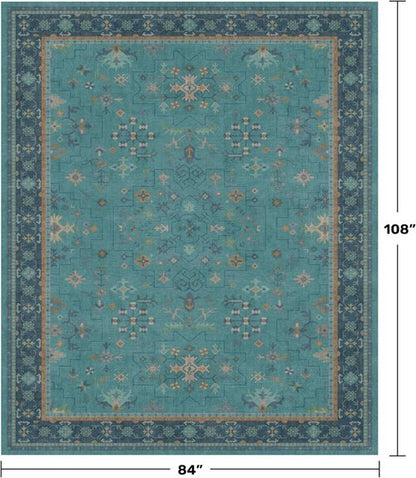 Boho Teal 7x9 Soft Rug - Washable Turquoise Vintage Carpet for Living Room & Bedroom