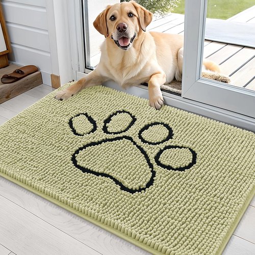 OLANLY Dog Door Mat for Muddy Paws 36x24, Paw Print Design, Absorbs Moisture and Dirt, Absorbent Non-Slip Washable Doormat, Quick Dry Chenille Mud Mat for Dogs, Entry Indoor Entryway Carpet, Vanilla