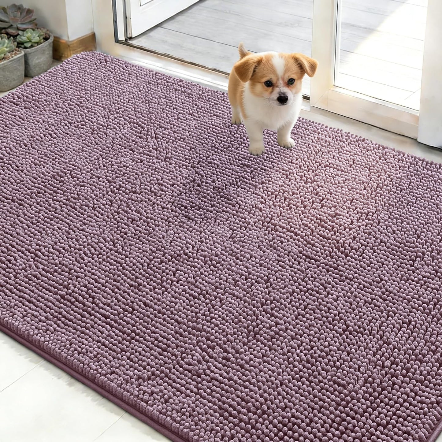 OLANLY Dog Door Mat - Absorbent Non-Slip Chenille Mat for Muddy Paws | 50x30 Deep Plum, Quick Dry