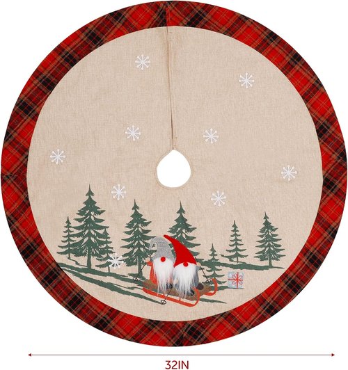 Juegoal 32-Inch Christmas Tree Skirt - Soft Red and Black Plaid with Gnome Design for Holiday Decor