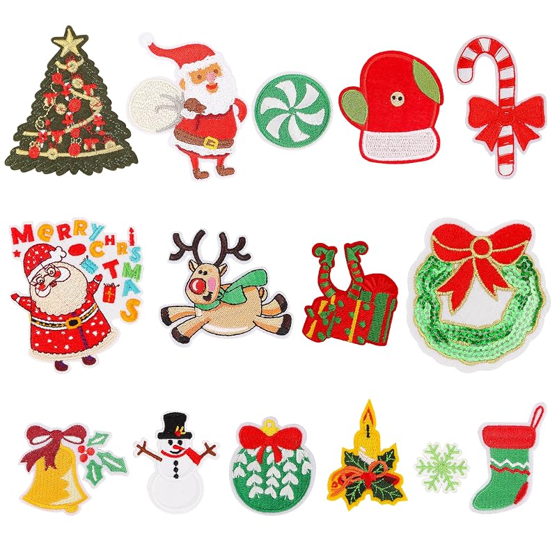 Christmas Iron-On Patches 15Pcs Santa Claus Snowman Deer Embroidered Sew-On Patches – Variation of THIS listing: Christmas B