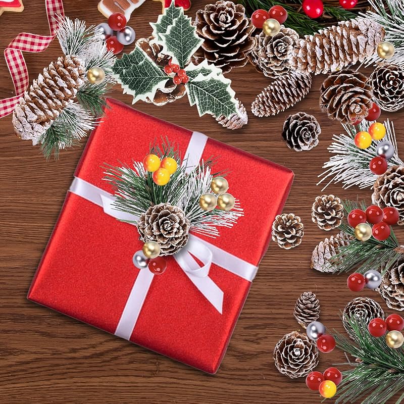 Snowy Pine Cones & Berry Stem Craft Kit - 140 Pcs Holiday Decor (Variation: Snow)