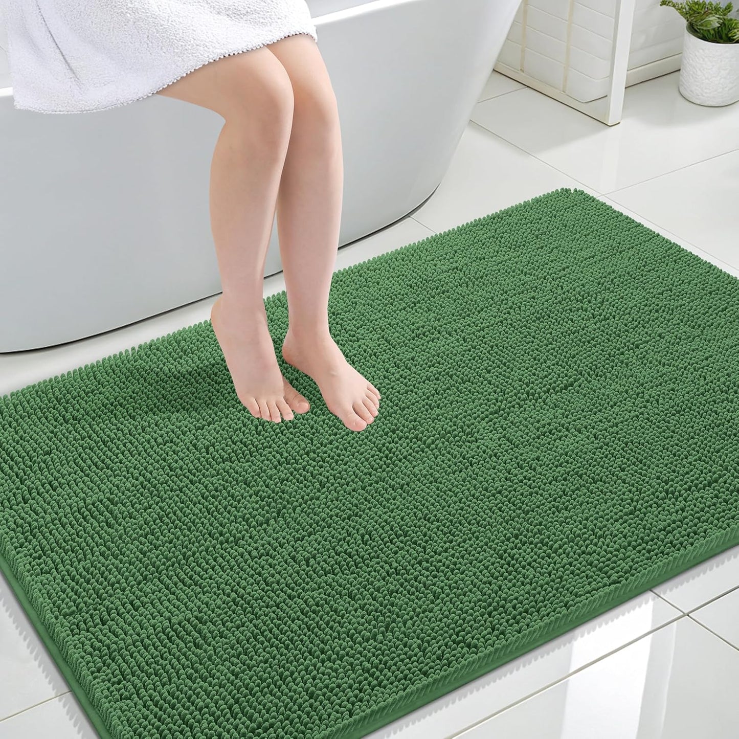 OLANLY Large Chenille Bath Rugs - Extra Soft & Absorbent | Quick-Dry Rubber Backing, Olive Green 47x32