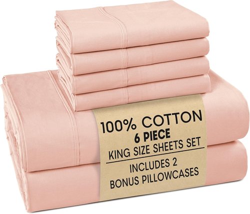 Casa Platino 100% Cotton King Size Sheets Set - 6 Piece Cooling Percale Sheets with 15" Deep Pocket - Veiled Rose