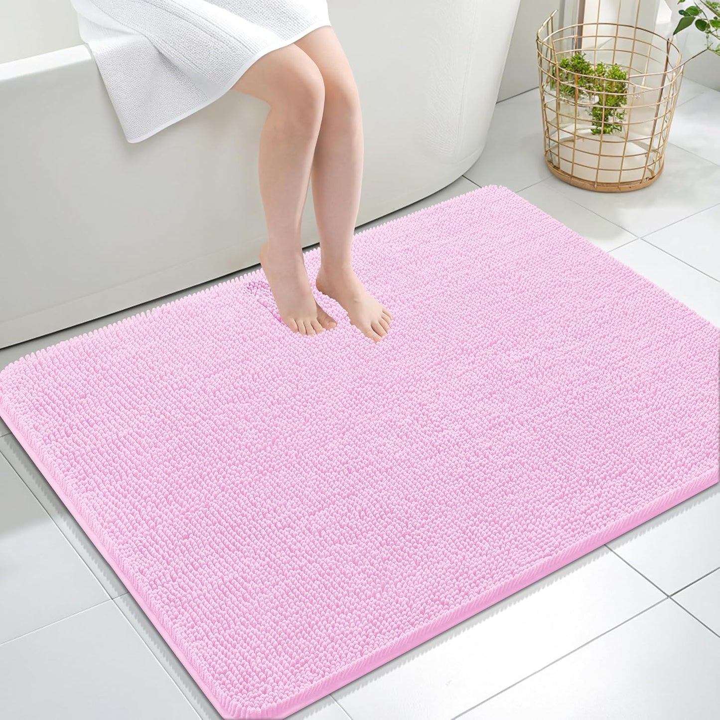 OLANLY Large Bathroom Rugs - Extra Soft Chenille Bath Mats | Quick Dry, Machine Washable, Pink 40x32