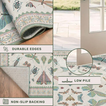 Hazo Haus Boho Bathroom Runner - 2x6 Non-Slip Washable Rug in Blue and Green Butterfly Print