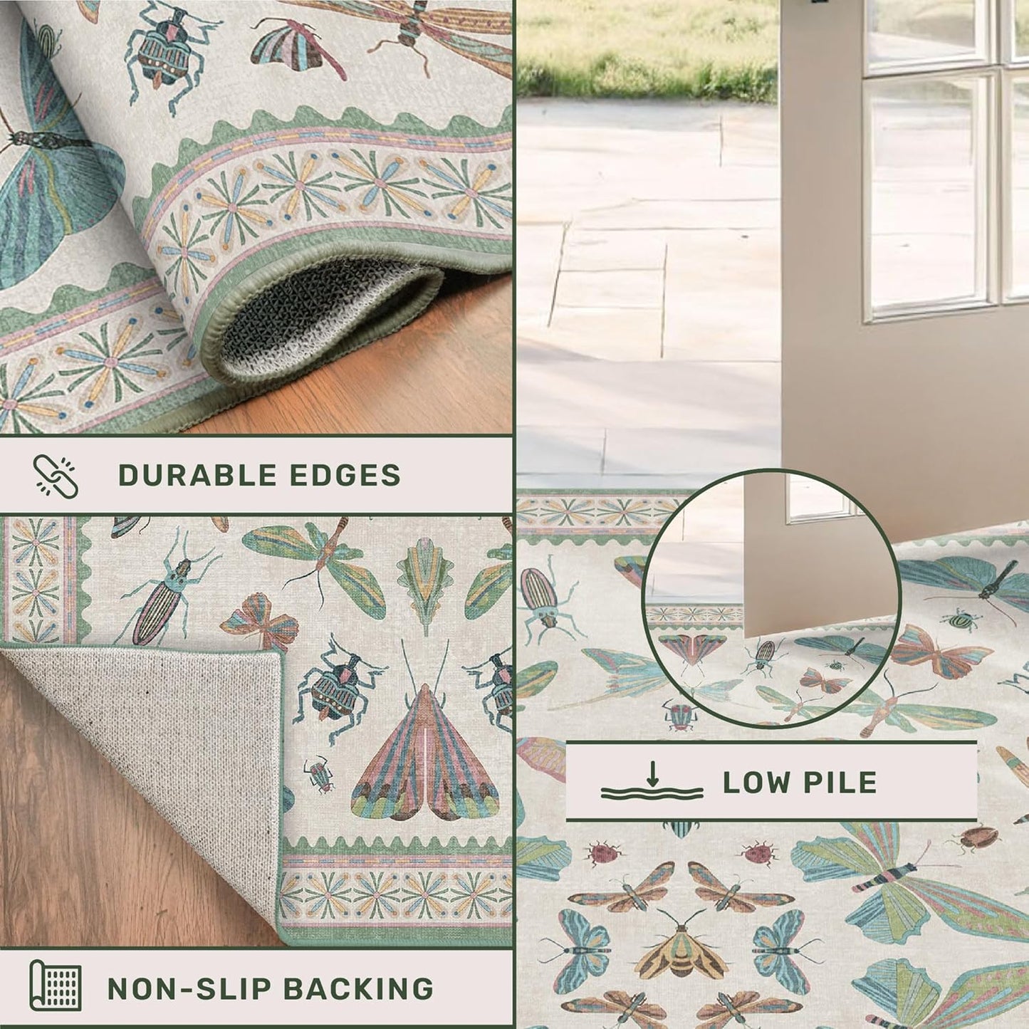 Skiennix Insect Print Hallway Runner Rug - 2'6" x 8' Light Green, Washable Non-Slip Design
