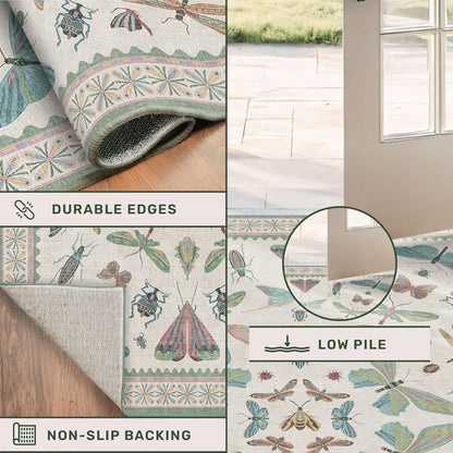 Skiennix Insect Print Hallway Runner Rug - 2'6" x 8' Light Green, Washable Non-Slip Design