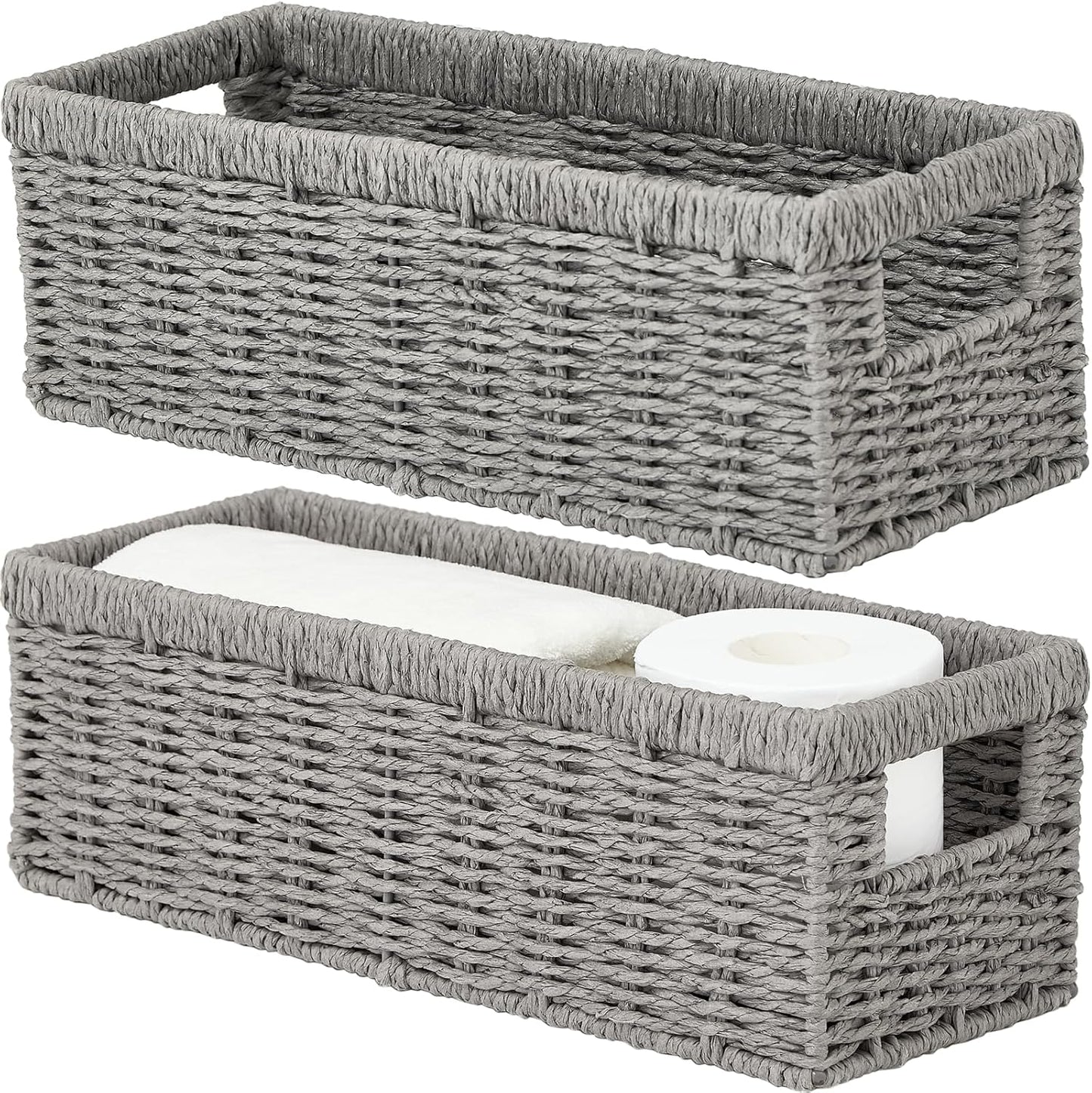 Vagusicc Wicker Storage Baskets - Stylish Grey Paper Rope Baskets with Handles | 2-Pack for Organizing