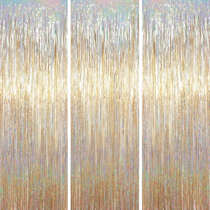 Voircoloria Foil Fringe Backdrop Curtains - 3.3 x 6.6 Ft Tinsel Streamers for Parties | Champagne Color
