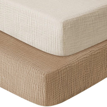 GUNTAIL Muslin Crib Sheets for Boys Girls 100% Cotton Fitted Baby Crib Sheet 2 Pack Soft and Breathable for Standard Crib Mattress & Toddler Mattress 52x28in (Beige & Coffee)