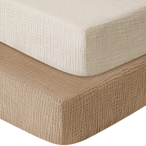 GUNTAIL Muslin Crib Sheets for Boys Girls 100% Cotton Fitted Baby Crib Sheet 2 Pack Soft and Breathable for Standard Crib Mattress & Toddler Mattress 52x28in (Beige & Coffee)