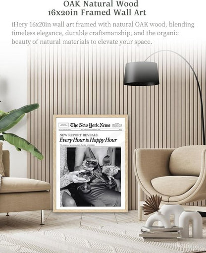 iHery Framed Newspaper Wall Art - Retro New York Prints in Natural Oak Wood | Large 16x20in Decor for Bedroom & Living Room
