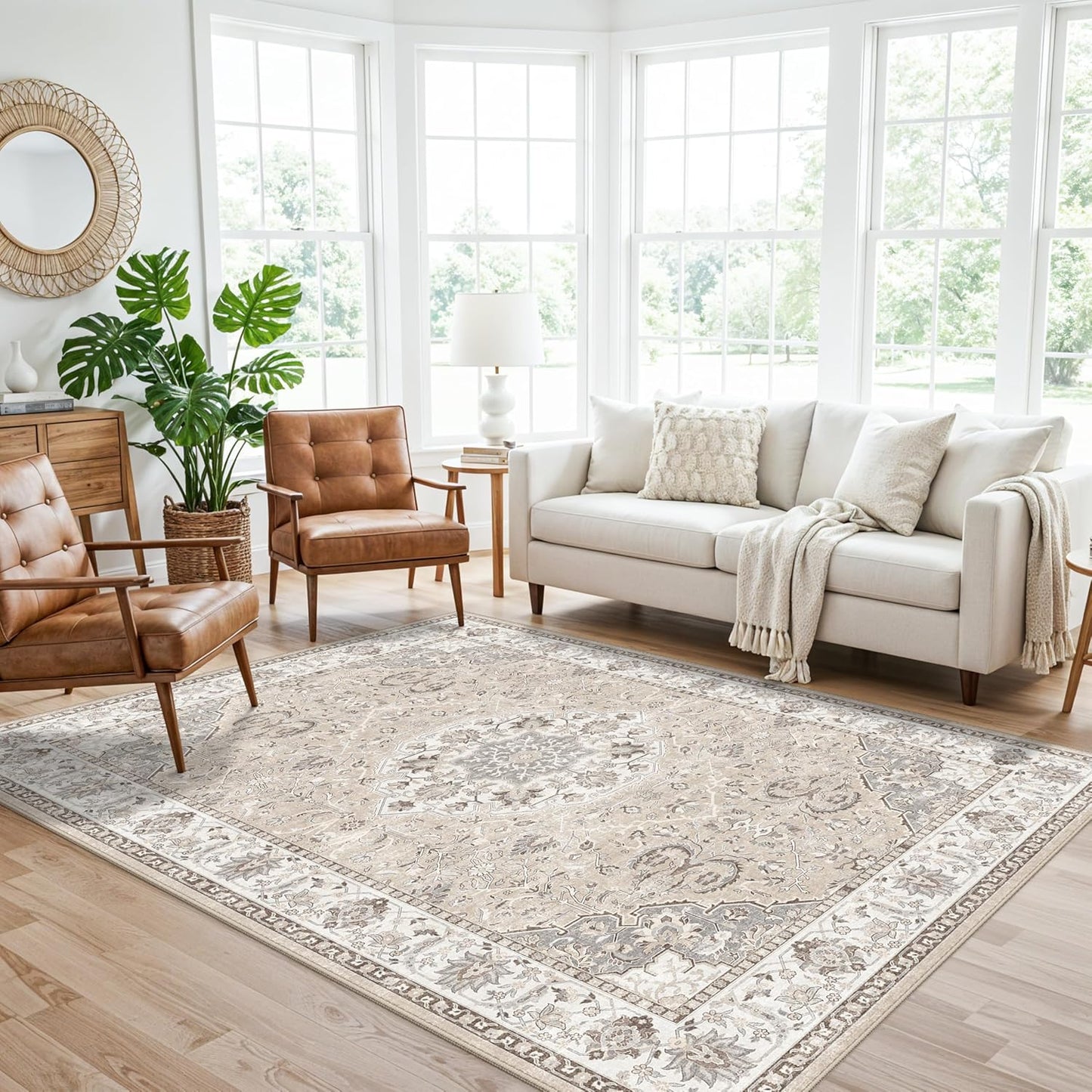 Skiennix Washable 5x8 Area Rug - Vintage Water-Resistant Soft Carpet for Living Room & Bedroom | Beige