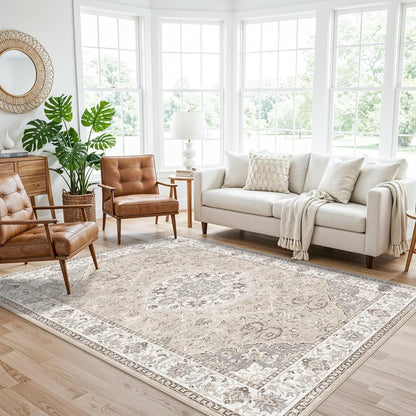 Skiennix Washable 5x8 Area Rug - Vintage Water-Resistant Soft Carpet for Living Room & Bedroom | Beige