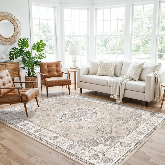 Skiennix Washable 5x8 Area Rug - Vintage Water-Resistant Soft Carpet for Living Room & Bedroom | Beige