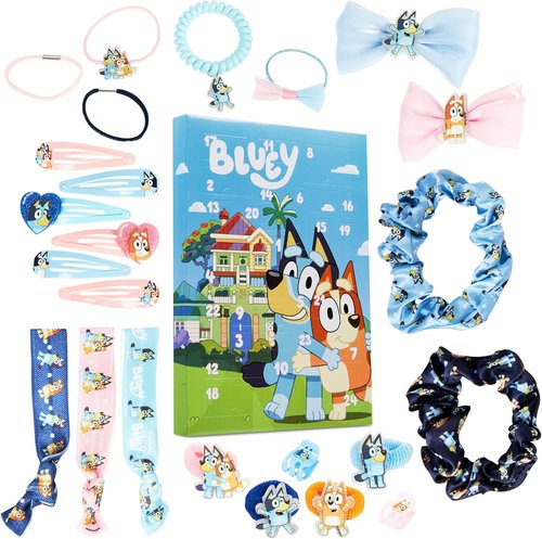Bluey Hair Accessories Advent Calendar 2025 - 24 Hair Clips, Bows, Scrunchies & Claw Clips for Girls