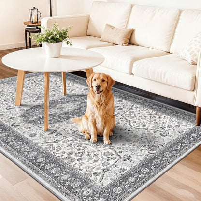 Hallway 4x8 Washable Runner Rug: Oriental Stain Resistant Entryway Kitchen Rug Farmhouse Soft Carpet for Bathroom Bedroom Thin Laundry Room Floor Mat with Non Slip Backing for Pets Family(4x8,Grey)