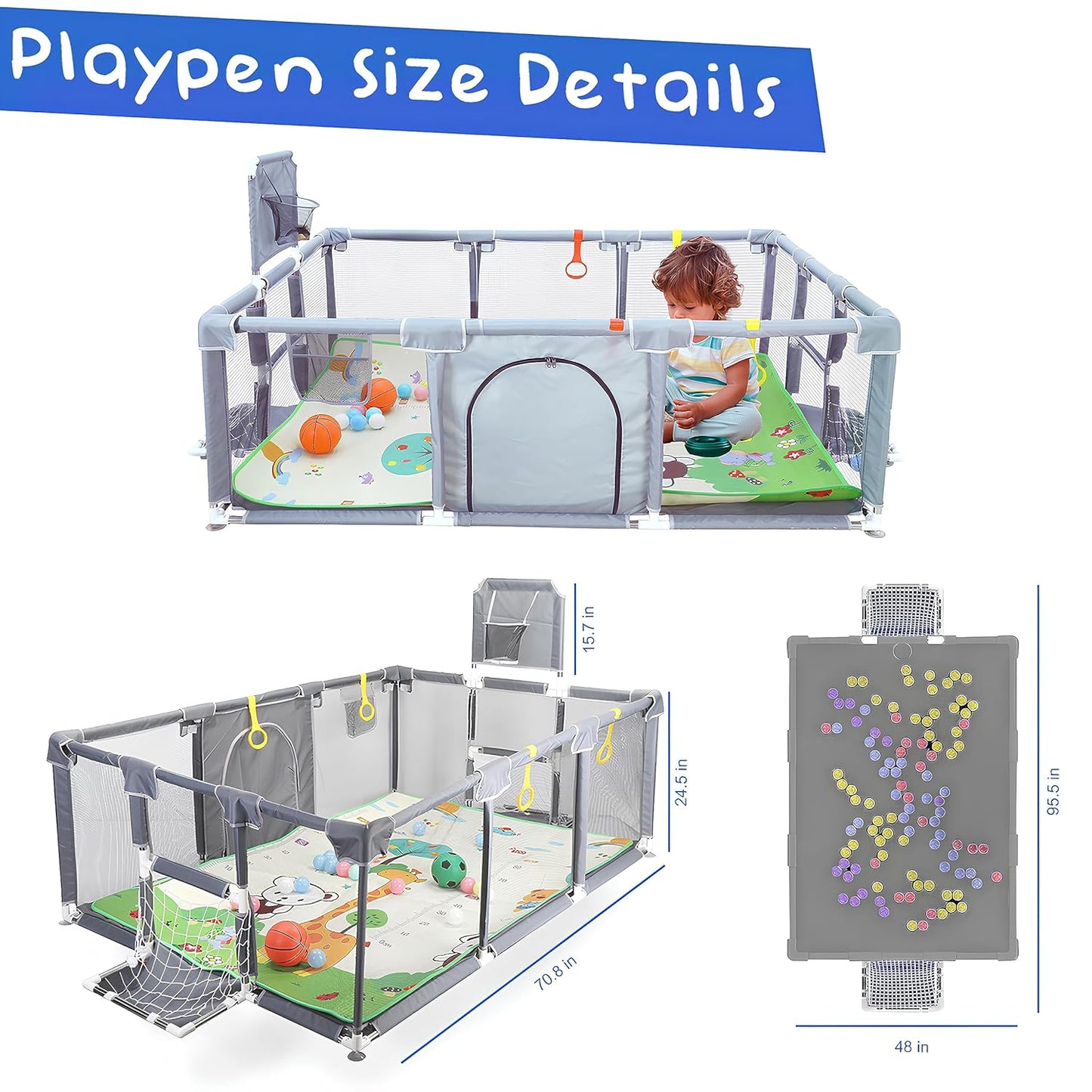 Skiennix Upgraded Playpen - Thick Foldable Mat, Balls, Rings, Storage Bag & Sports Nets | BPA-Free & Safe