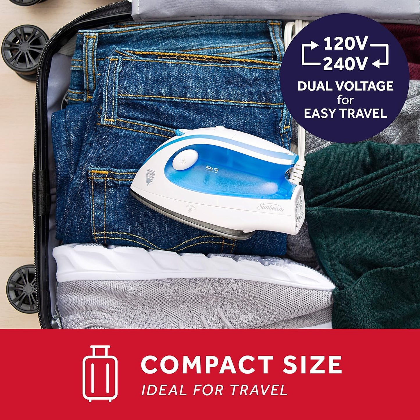Sunbeam Hot-2-Trot Travel Steam Iron - 800 Watt Dual Voltage, Compact & Portable, Non-Stick Soleplate | White & Blue