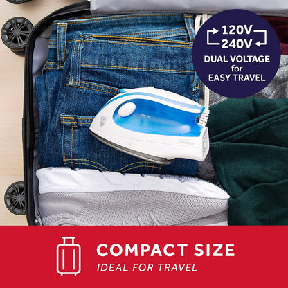 Sunbeam Hot-2-Trot Travel Steam Iron - 800 Watt Dual Voltage, Compact & Portable, Non-Stick Soleplate | White & Blue