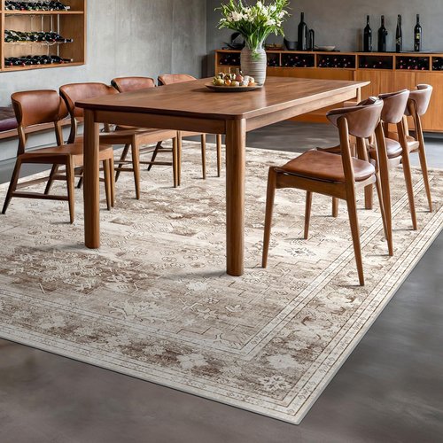 Washable Farmhouse Living Room Rug, 9x12 Area Rugs for Bedroom, Dining Room Under Table Carpet, Kids Room, Large Boho Vintage Non-Slip Floral Rugs Low Pile Stain Resistant (9x12 Beige/Latte)