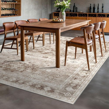 Washable Farmhouse Living Room Rug, 9x12 Area Rugs for Bedroom, Dining Room Under Table Carpet, Kids Room, Large Boho Vintage Non-Slip Floral Rugs Low Pile Stain Resistant (9x12 Beige/Latte)