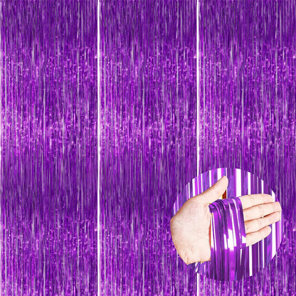 PartyWoo Foil Fringe Curtain - 3pcs 8.2ft Metallic Tinsel Streamers in Lavender for Party Decor