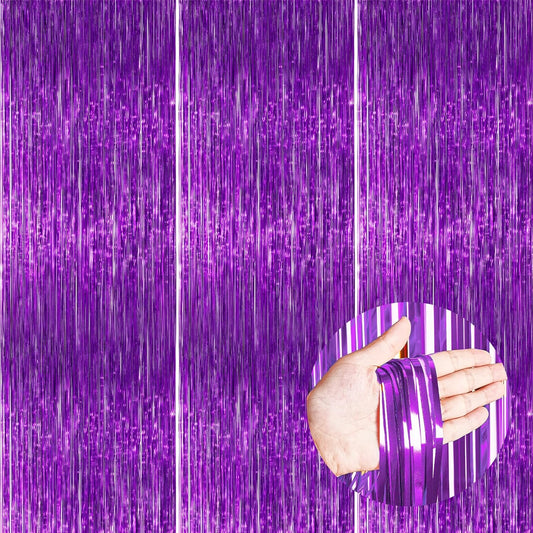 PartyWoo Foil Fringe Curtain - 3pcs 8.2ft Metallic Tinsel Streamers in Lavender for Party Decor