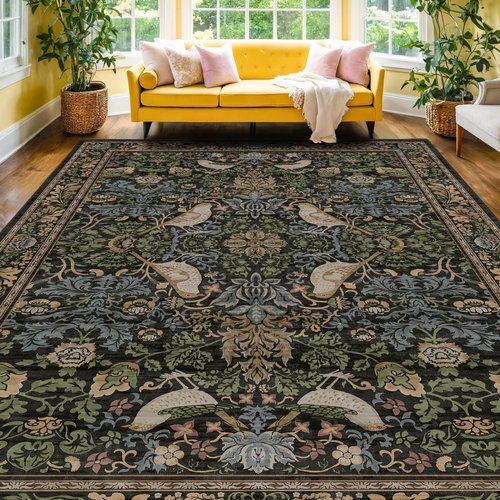 Hazo Haus Dark Living Room Rug 8x10 - Large Washable Floral Area Rugs for Dining Room Under Table, Bedroom, Office, Birds and Leaves Nature Design, Non-Slip Low Pile (Dark Green/Brown)