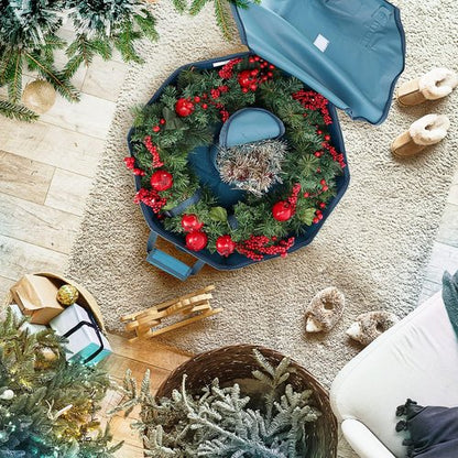 Hearth & Harbor Christmas Storage Organizer Box - Premium Hard Shell Wreath Bag with Dual Zipper & Pockets - 36" Blue
