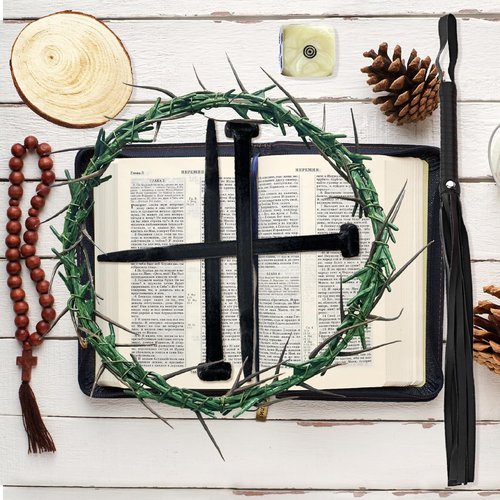 Crown of Thorns Set - 8 Pcs Religious Props for Good Friday Decor | Includes Thorn Crown, Nails & Whip