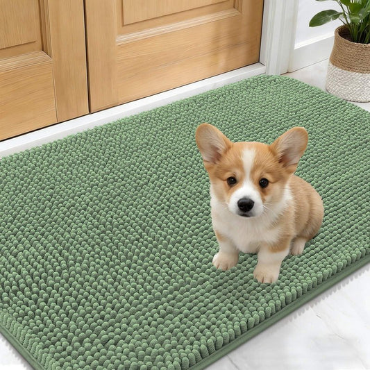 OLANLY Dog Door Mat for Muddy Paws 30x17, Absorbs Moisture and Dirt, Absorbent Non-Slip Washable Doormat, Quick Dry Chenille Mud Mat, Entry Indoor Entryway Carpet for Inside Floor, Olive Green