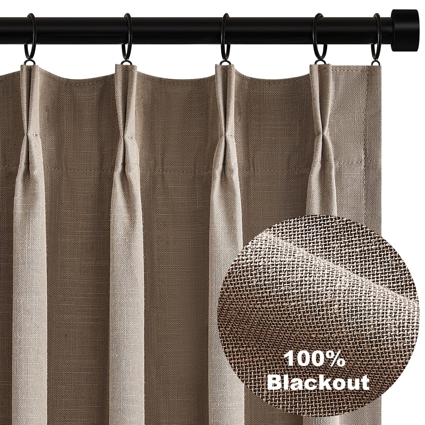 Topfinel Extra Long Total Blackout Linen Curtains 108 Inches Long for Living Room Large Window with Hooks Rings, Pinch Pleated Cold Blocking Acoustic Heavy Taupe Track Curtains 2 Panels 9 FT