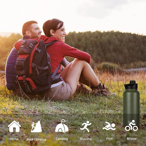 HASLE OUTFITTERS 32 oz Insulated Stainless Steel Water Bottle - Double Walled with 2 Lids for Gym & Hiking (Army Green)