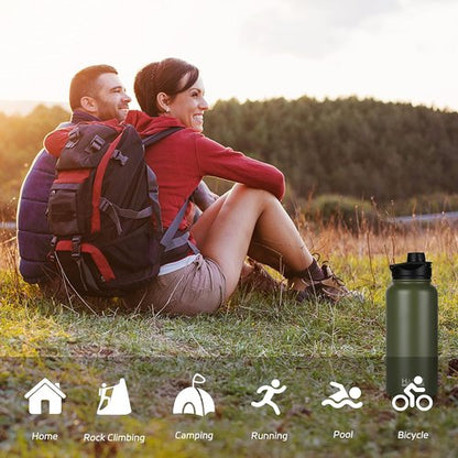 HASLE OUTFITTERS 32 oz Insulated Stainless Steel Water Bottle - Double Walled with 2 Lids for Gym & Hiking (Army Green)