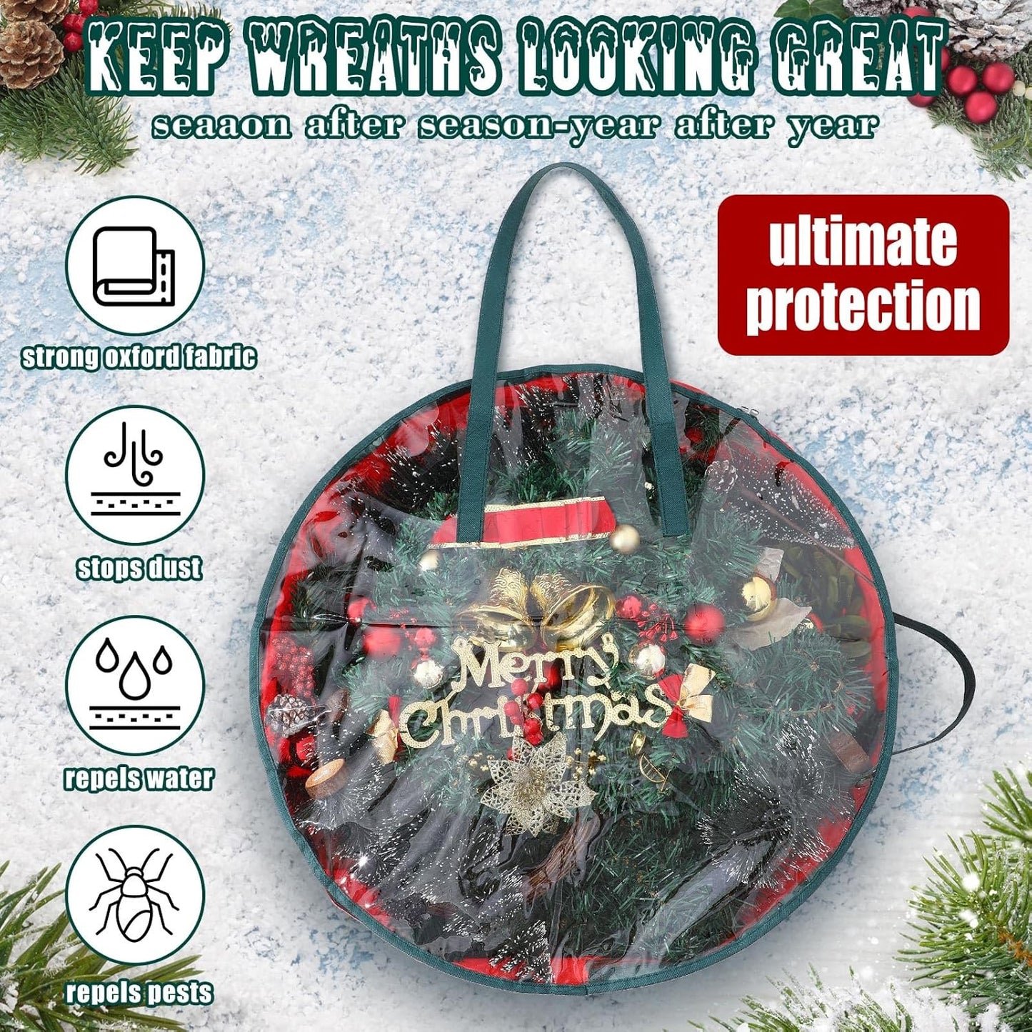 Shappy Wreath Storage Bag - 4 Pcs Red Clear Window Containers with Handle | 36 Inch Holiday Garland
