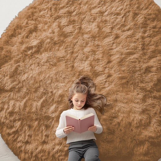 OLANLY Round Khaki Area Rug - Soft, Fluffy, Machine Washable 9 ft Circle Carpet for Bedroom & Living Room