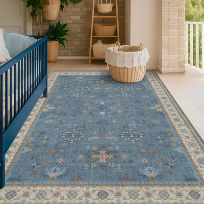 Skiennix Washable 5x7 Blue Rug - Colorful Low-Pile Carpet for Kids Room & Nursery | Non-Slip Design