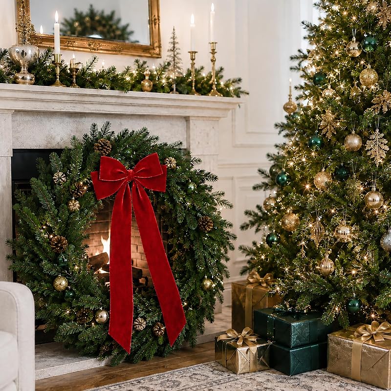 Large Velvet Christmas Bows - 20x9 in Double-Bow Pro Garden & Tree Decor (Red) - 6 Pack