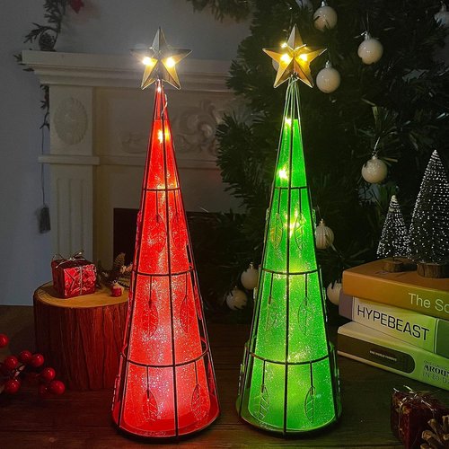 Juegoal Lighted Christmas Table Decorations - Battery Operated LED Cone Shaped Ornaments | 2 Pack, Green & Red