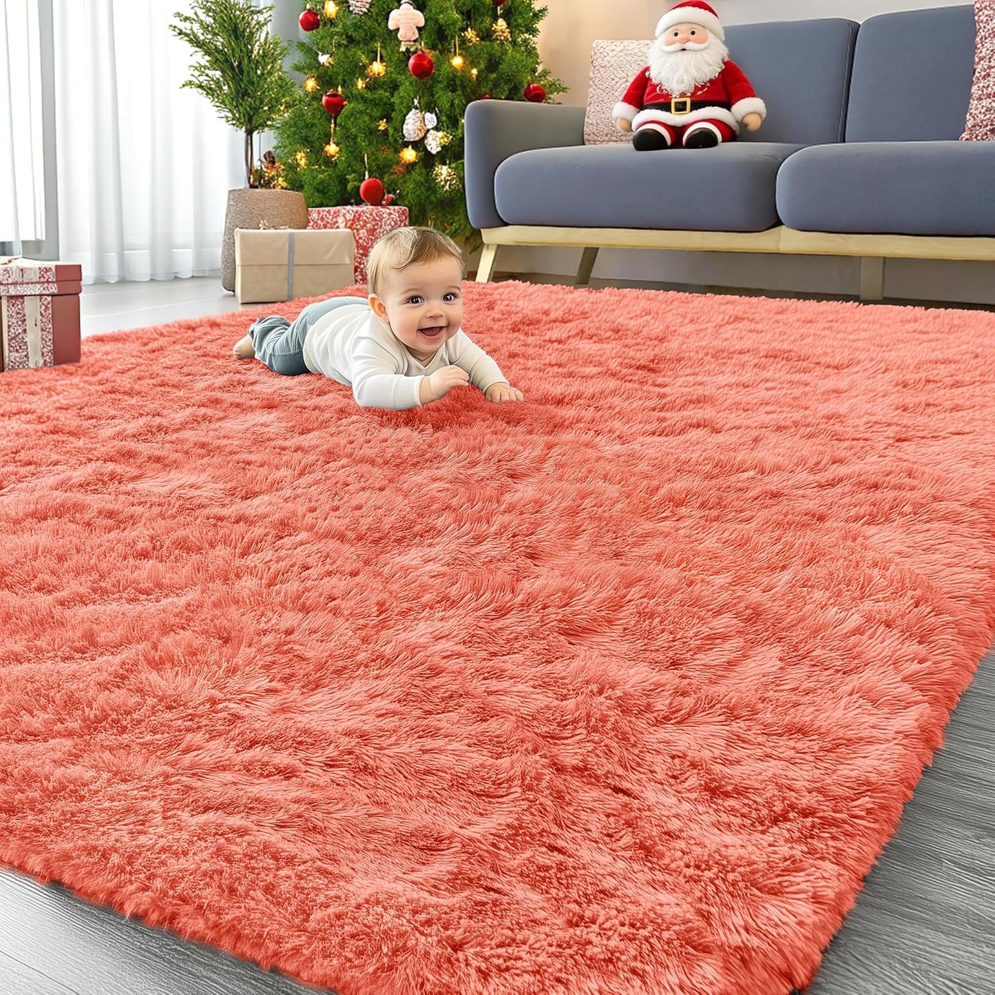 OLANLY 8x10 Large Area Rug - Soft Fluffy Shaggy Carpet for Living Room & Bedroom | Coral Red Home Decor
