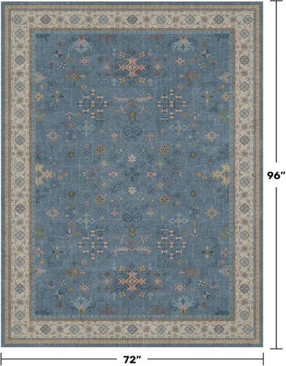 Boho 6x8 Living Room Rug - Modern Blue Lightweight Washable Carpet for Dining Room & Bedroom Décor