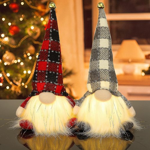 Juegoal Lighted Christmas Gnomes - 12 Inch Handmade Plush Tomte with Buffalo Plaid Hat | Battery Operated Holiday Decor