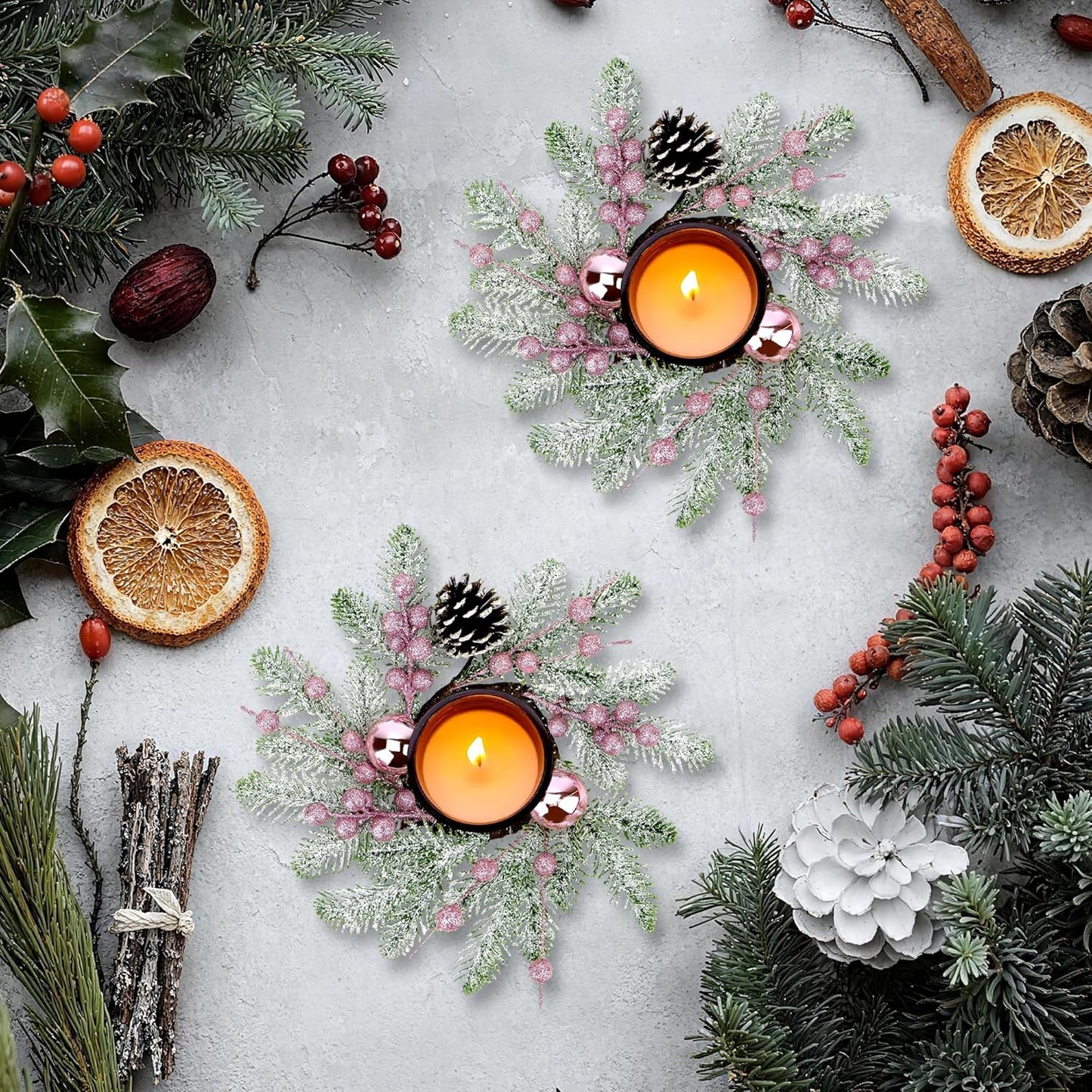 Regine Switzerland Christmas Candle Rings - 8" Small Wreaths with Pine Cones, Berries & Balls for Festive Table Decor (4, Pink)