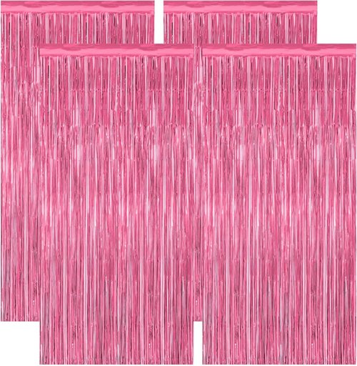 4 Pack Metallic Pink Birthday Backdrop - 3.28 FT x 7.05 FT Fringe Curtains for Parties | Bachelorette & Valentine's Decor