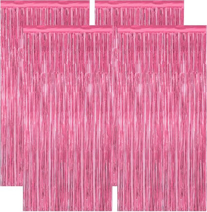 4 Pack Metallic Pink Birthday Backdrop - 3.28 FT x 7.05 FT Fringe Curtains for Parties | Bachelorette & Valentine's Decor