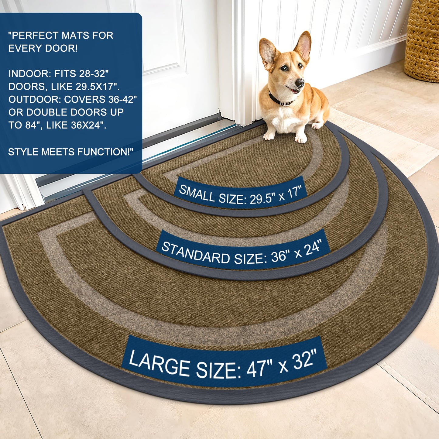 OLANLY Half Circle Door Mat Indoor Outdoor Entrance Welcome, Waterproof All-Season, All-Weather Doormat, Sturdy Natural Rubber, Low Profile, Easy Clean Patio Porch Entryway Mat, 47x23, Brown